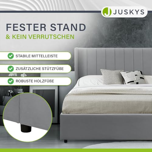 Juskys Polsterbett Savona 120x200 cm, Bett mit Stauraum, Lattenrost, Samt-Bezug, Bettgestell aus Holz, bis 250 kg, großes Kopfteil, Hellgrau