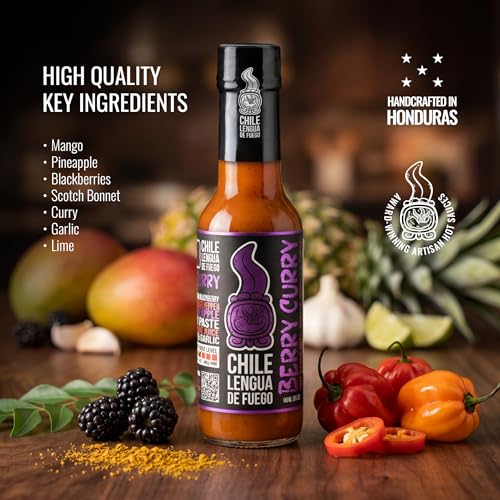 Image of Chile Lengua de Fuego Berry Curry - Mango, Berry & Thai Curry Hot Sauce, Sweet Heat, Medium, 5 oz Bottle (Pack of 2)