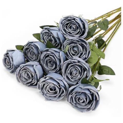 DuHouse 10pcs Silk Roses Flower Bouquet Fake Rose for Wedding Home Decoration Centerpiece Party Kitchen Decor(Dusty Blue) Cover