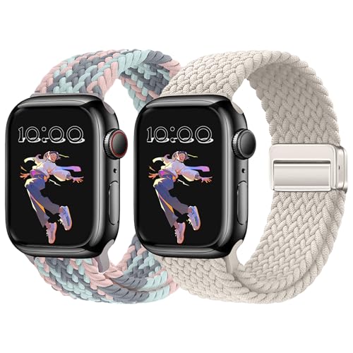 MokaZii 2 Stück Nylon Armband für Apple Watch Armband 40mm 41mm 42mm(Series 11/10), Geflochtenes Magnetisch Elastisch Ersatzarmband für iWatch SE 3/Series 11 10 9 8 7 6 5 Grau-Blau-Rosa + Sternenlicht