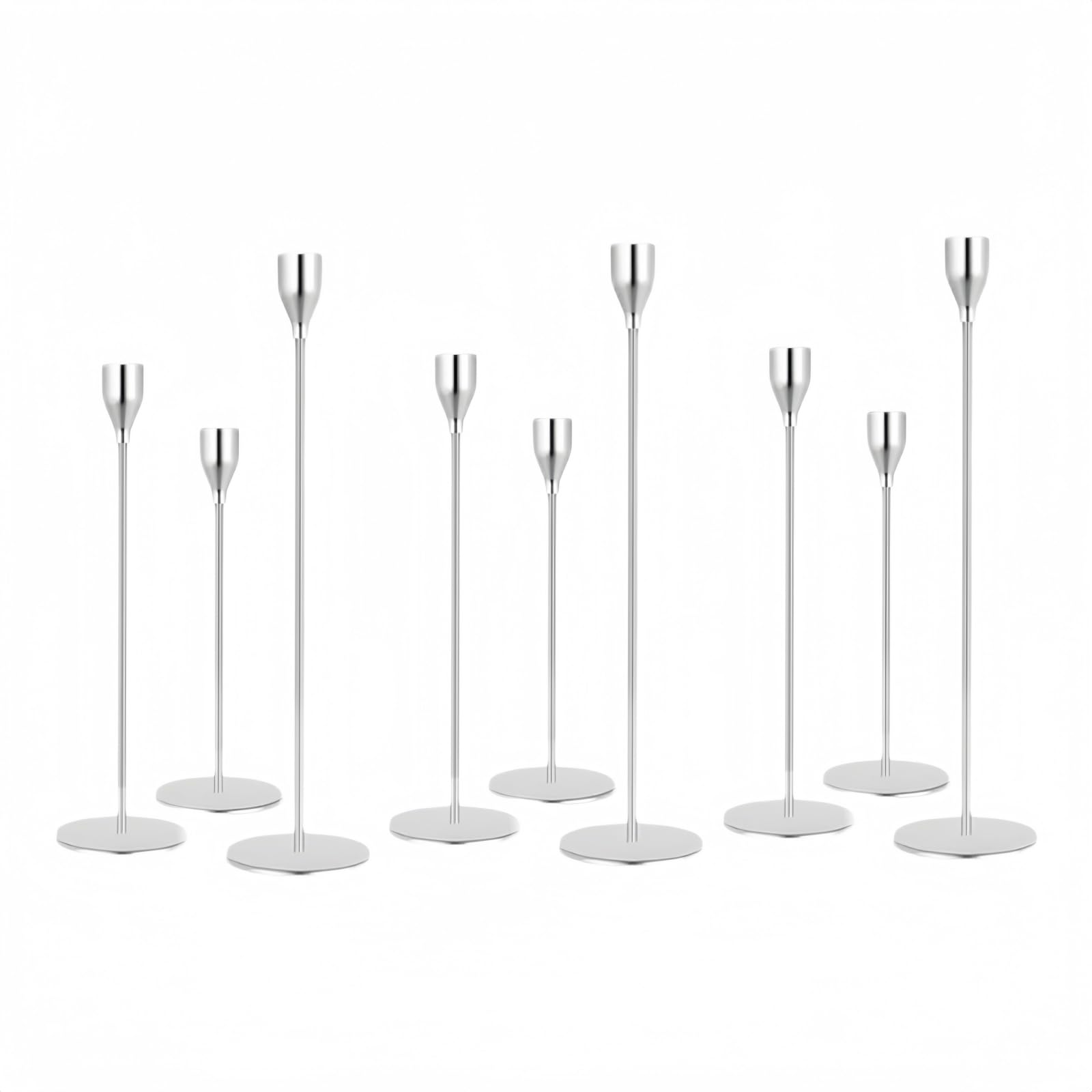 Vintage Gold Candle Holders Set for Taper Candles – 6 Pcs Metal Candle Holder Set for Christmas Decor, Holiday Table Centerpiece, Wedding Gift, Long Candle Sticks (Silver, 9)