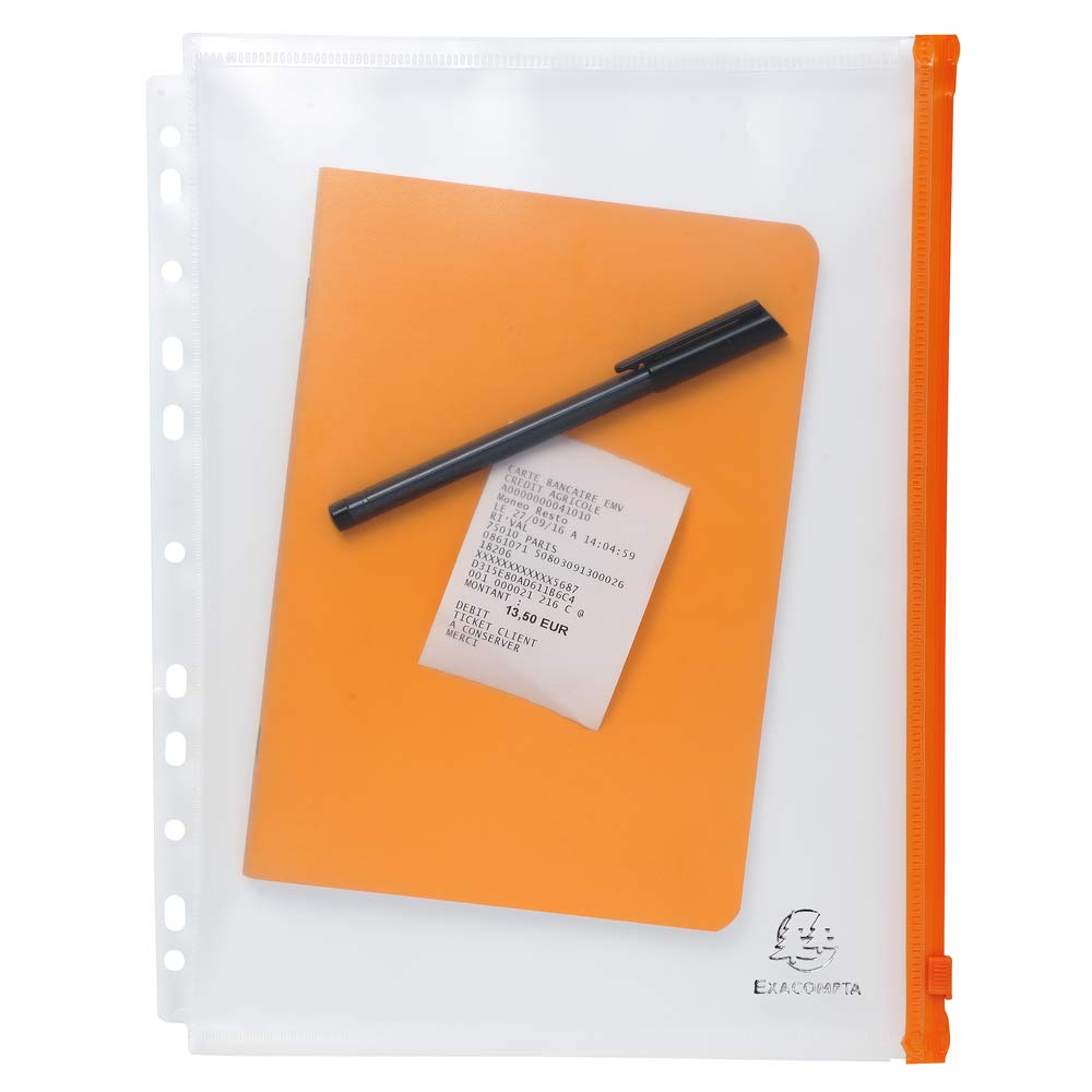 Exacompta 57334E Okładka na dokumenty Exactive, z zamkiem błyskawicznym, 23,5x32cm, przezroczysta, pomarańczowy zamek, z możliwością umieszczenia w segregatorze, 5 sztuk kolor kryształowy