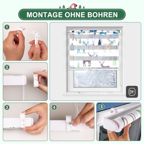 Deswell Doppelrollo mit Muster Weiß-Elch B85 x H120 cm(Stoffbreite 81cm), Doppelrollo Klemmfix ohne Bohren mit Motiv… – Ansicht 6
