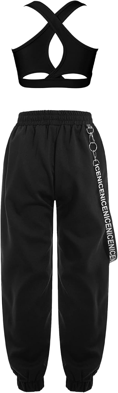 Hansber Kids Girls 2Pcs Jazz Hip Hop Dance Clothes Sports Bra Crop Top with Chain Pocket Sweatpants Jogger Set