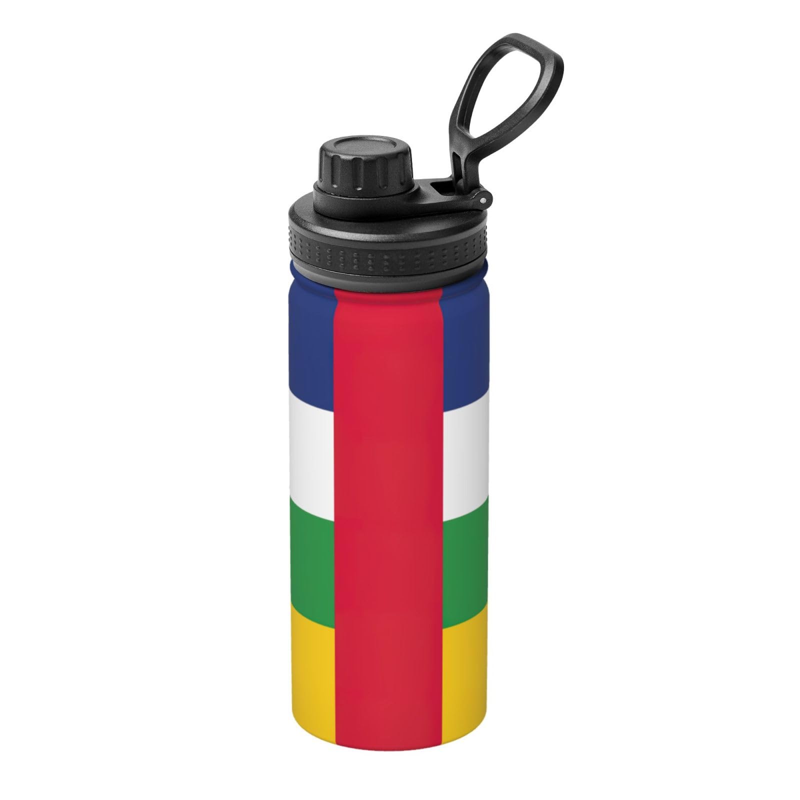 Botella de agua aislada y térmica con bandera de África Central que mantiene el frío en el gimnasio