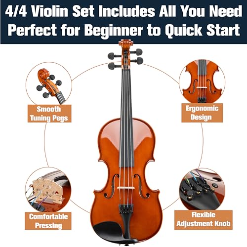Image of Mendini By Cecilio Violin 4 /4 Full Size For Beginners - Fiddle Solidwood Kit with Hard Case - Acoustic Violins with Bow, Rosin, Tuner, Extra Strings & Bridge, Shoulder Rest and Lesson Book (Varnish)