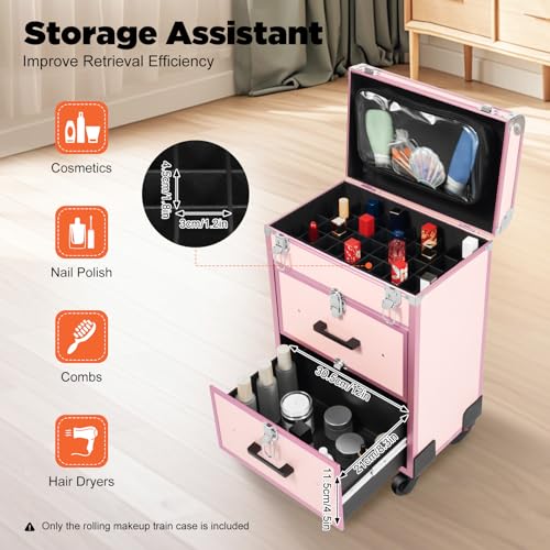 Image of Makeup Train Case, Professional Cosmetics Rolling Organizer, Rolling Makeup Trolley Case, Nail Polish Organizer, Jewelry Travel Cosmetic Train Case with 4 Wheels & 2 Keys (Pink) (B0H1QJSTTR)