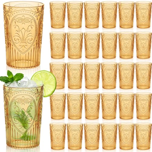 Acellegic 48 Pcs 16 oz Vintage Plastic Drinking Water Glasses Bulk, Amber