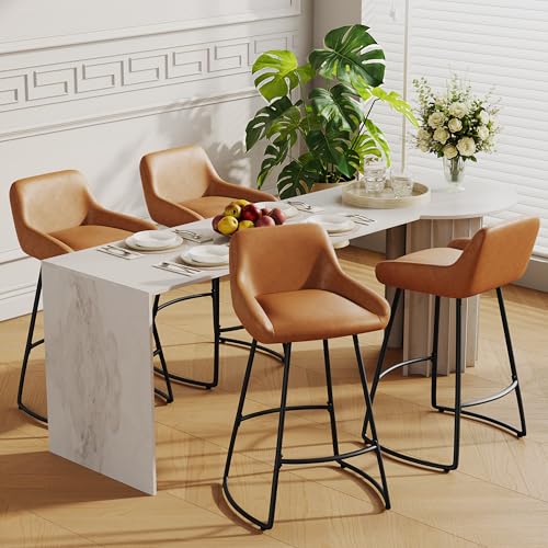 Butacos Alunaune de 30 pulgadas, set de 2 unidades, estilo mid century con tapizado en cuero sintético, sillas modernas para barra o isla de cocina con respaldo y patas metálicas - Marrón miniatura 4