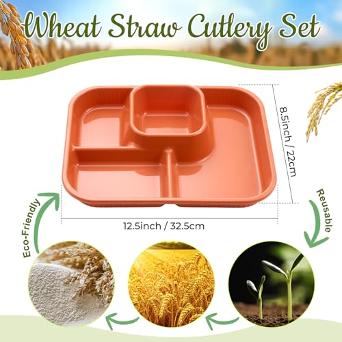 Pinkunn 8 Pcs 10'' Divided Plates Unbreakable Wheat Straw Dinnerware Lunch Trays Lightweight Reusable Plastic Compartment Microwave Dishwasher Safe Separator Plates(Orange, Yellow, Green, Blue)