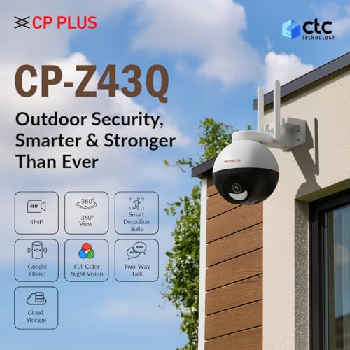 Image of CP PLUS 4MP Quad HD Outdoor Wi-Fi CCTV Camera | 360 Pan & Tilt | Full-Color Night Vision | CTC Cyber Secure Tech | Smart Detection Suite | View & Talk | OK Google | Cloud Recording | CP-Z43Q