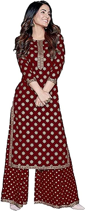 Salwar Kameez For Women's Dress Maroon Salwar Kameez Indian Straight Sharara Kurti 2 Piece Readymade BY HANDICRAFT PLACE (3X-Large)