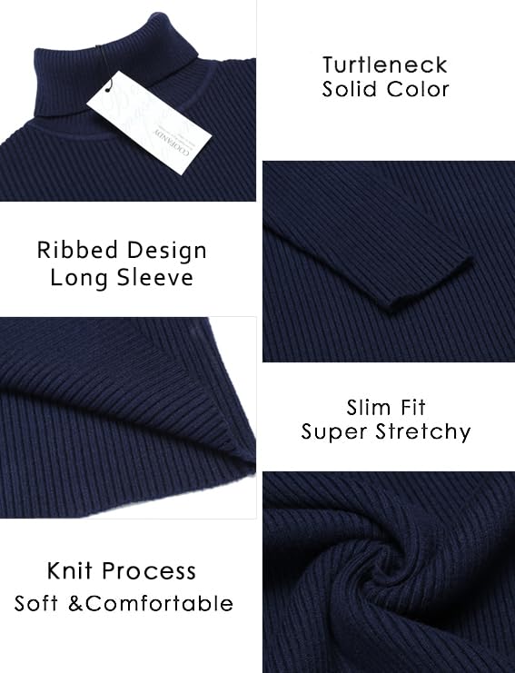Image of COOFANDY Mens Ribbed Slim Fit Knitted Pullover Casual Turtleneck Sweater | Premium anti-shrink knit turtleneck. Soft, warm & stretchy-perfect for casual, work or outdoor wear in fall /winter.