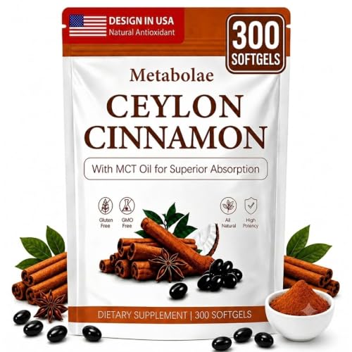 Metabolae Ceylon Cinnamon Capsules Ceylon Cinnamon with MCT Oil Non-GMO Daily Wellness Dietary Supplement Easy-to-Take Softgels for Adults Herbal Cinnamon Formula Everyday Support 300 Softgels