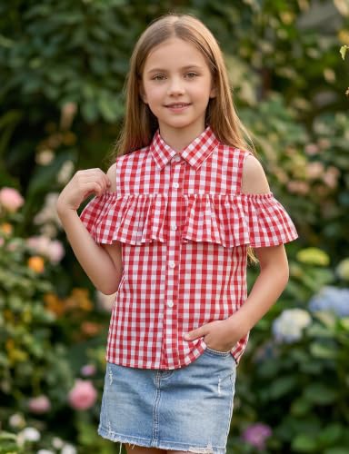 Image of Noomelfish Girls Ruffle Cold Shoulder Top Blouse Short Sleeve Button Down Shirts (4-12 Years)