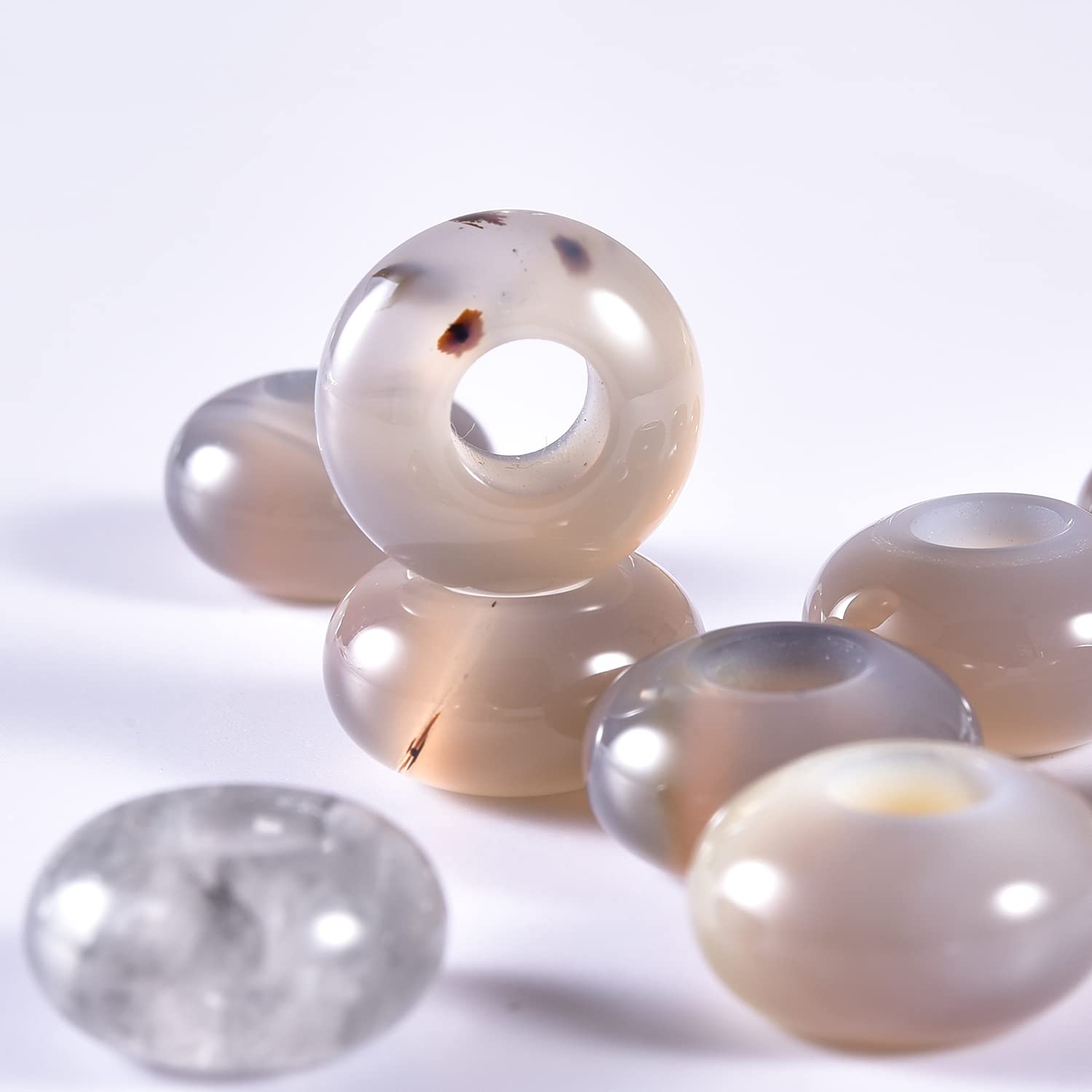 Asingeloo Natural Gray Agate Stone Beads Large Hole (5-6mm) Polished Rondelle European Beads for Charm Bracelets,Jewelry Making, 8X14mm,Pack of 25