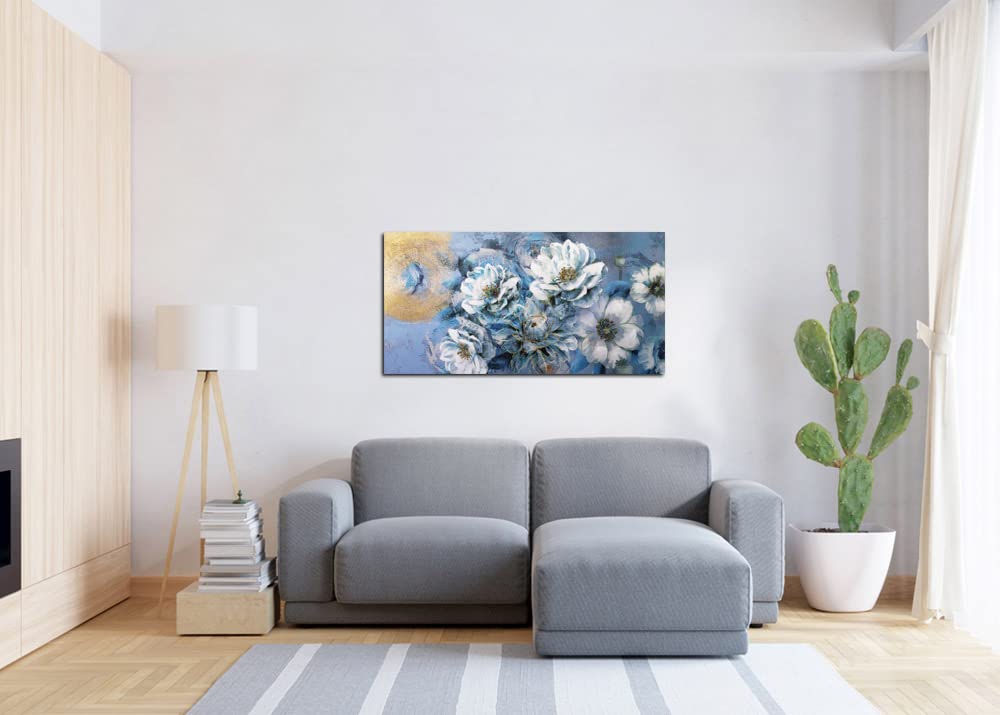 Ardemy Teal Flowers Canvas Wall Art Magnolia White Floral Bloosm Picture Gold Textured Blue Painting Turquoise Artwork Framed for Living Room Bedroom Bathroom Home Office Wall Decor Large Size 40"x20"