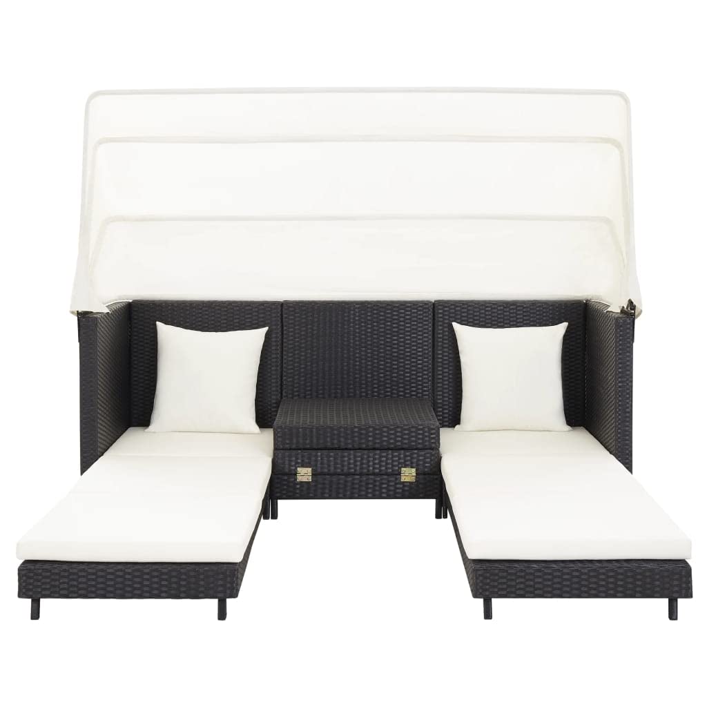 Sofá cama extensible de 3 plazas con techo de polirratán negro resistente a la intemperie, marco de acero y cómodo cojín acolchado para jardín y terraza, parasol incluido