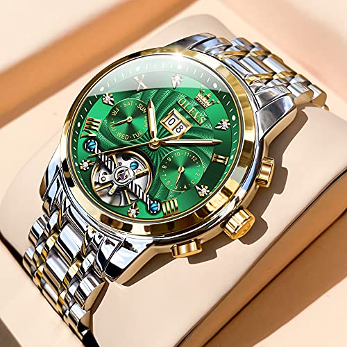 Image of OLEVS Men Automatic Watch Skeleton 5 Hands Mechanical Classic Luxury Multi Calendar Stainless Steel Waterproof Wrist Watch for Men