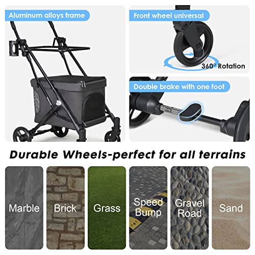 Beberoad Klappbarer Hundewagen, 2 Etagen Hundewagen für Kleine Hunde und Katzen, Pet Stroller Hundebuggy Für Mehrere Haustiere, Hundebox für Hunde & Katzen, Schwarz