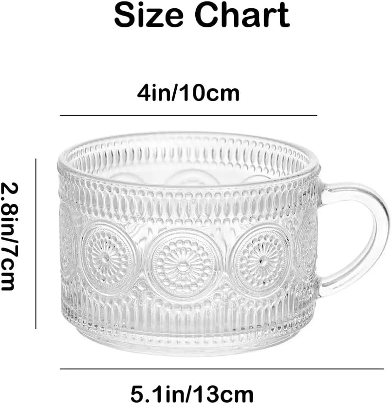8 Pack Glass Coffee Mugs, 14oz Clear Coffee Mugs with Handle and Texture Patterns for Mom Dad, Vintage Embossed Glass Coffee Tea Cups for Latte Americano (8 Pack-Style 1)