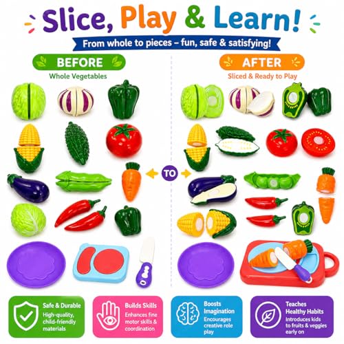 Image of PLUSPOINT Vegetable Cutting Toy Set for Kids, Pretend Play Kitchen Toys with Slicing Veggies, Toddler Learning Toys, Educational Play Food Set with Knife & Cutting Board, Gift for Boys Girls