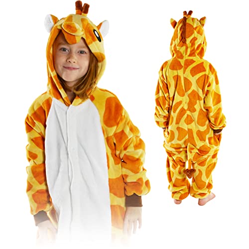 ZOLTA Jumpsuit Onesie für Kinder - Sanft Kuschelig Unisex Pyjama - Warme Schlafanzug - Kostüm Einhorn Motiv für Mädchen und Jungen - Größe L - Giraffe Cover