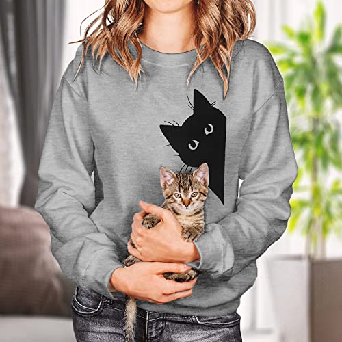 Fryaid Women's Funny Cat Print Sweatshirt Long Sleeve Pullover Lightweight Hoodie Shirt Grey #TOP2