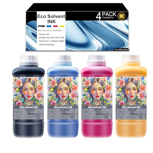 AITERJET Eco Solvent Ink for Wide Format, Grand Format Printers with DX4 DX5 DX7 DX9 DX10 DX 11 XP600 TX800 I3200 (CMYK 1 Set /1000ml) Printhead Mimaki/Roland/Mutoh NOT Work with Desktop Printers