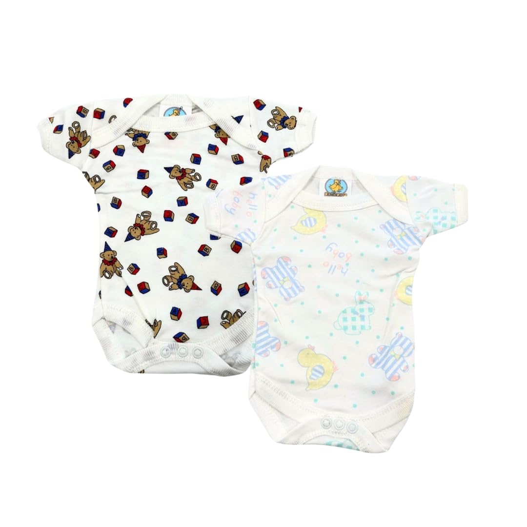 Junior Joy – 2 Pack Baby Bodysuits for 12–18 Months,Printed, Envelope Neck, Short Sleeves, 100% Cotton, Stud Fastening for Easy Nappy Changes