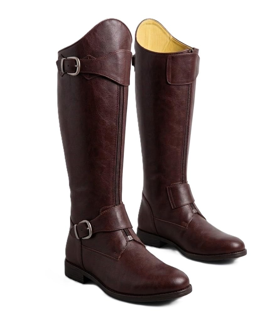 Leather Horse Riding Boots for Men & Women | Knee High Equestrian Polo Riding Boots with Adjustable Buckle & Front Zipper | Brown Tall Boots for Horse Riding, Outdoor & Casual Wear-image-48