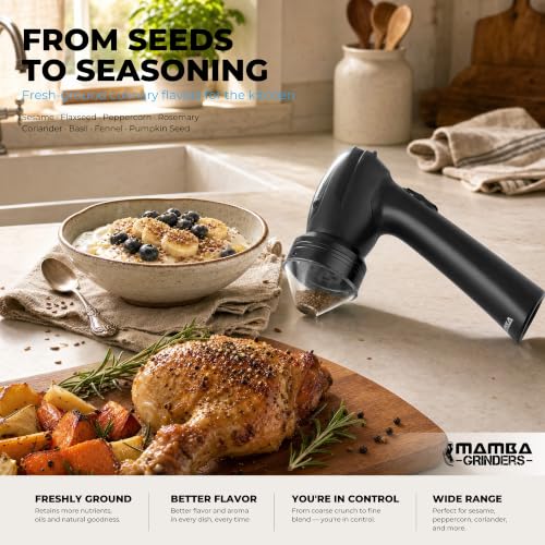 Image of Mamba Original Electric Seed Grinder, USB-C Rechargeable Spice Mill, Black | 1g, kitchen seasoning for meal prep, coarse-to-fine textures, 1200 mAh battery, aluminium teeth, 3 Nm torque, easy filling