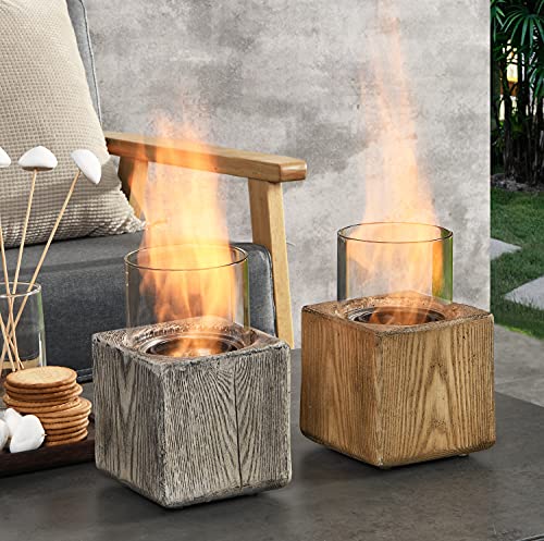 Ehomexpert Tabletop Fire Bowl Indoor Outdoor Alcohol Clean-Burning Fireplace 2 PCS with Windproof Glass Cover Brown and White Square