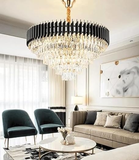 Round Crystal Chandelier for Living Room | Modern Ceiling Light Jhumar for Hall for Home (Black Gold, 800MM)-image-8