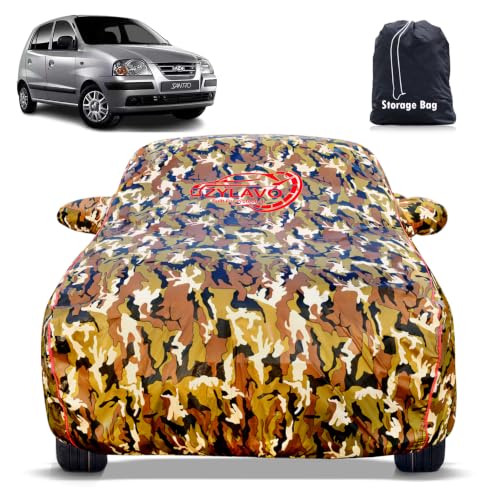 Image of Premium Car Cover for Hyundai's Santro Xing 2003-2014 Models | Waterproof, UV & Dust Protection | Mirror & Antenna Pocket | Triple Stitched, Soft Inner Lining, Belt & Buckle (Jungle Print)