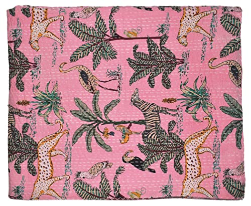 Handicrafts Plus New Indian Cotton Gudari Queen Size Kantha Quilt Animal Print Coverlet Beautiful Pink Color Bedcover 90x108''