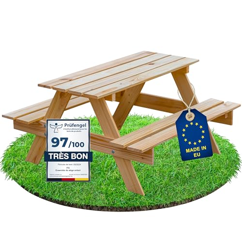 ITA Table de Pique-Nique pour Enfants en Bois - Ensemble Table avec 2 bancs - Table de Loisirs pour intérieur et extérieur - Qualité directe du Fabricant -...