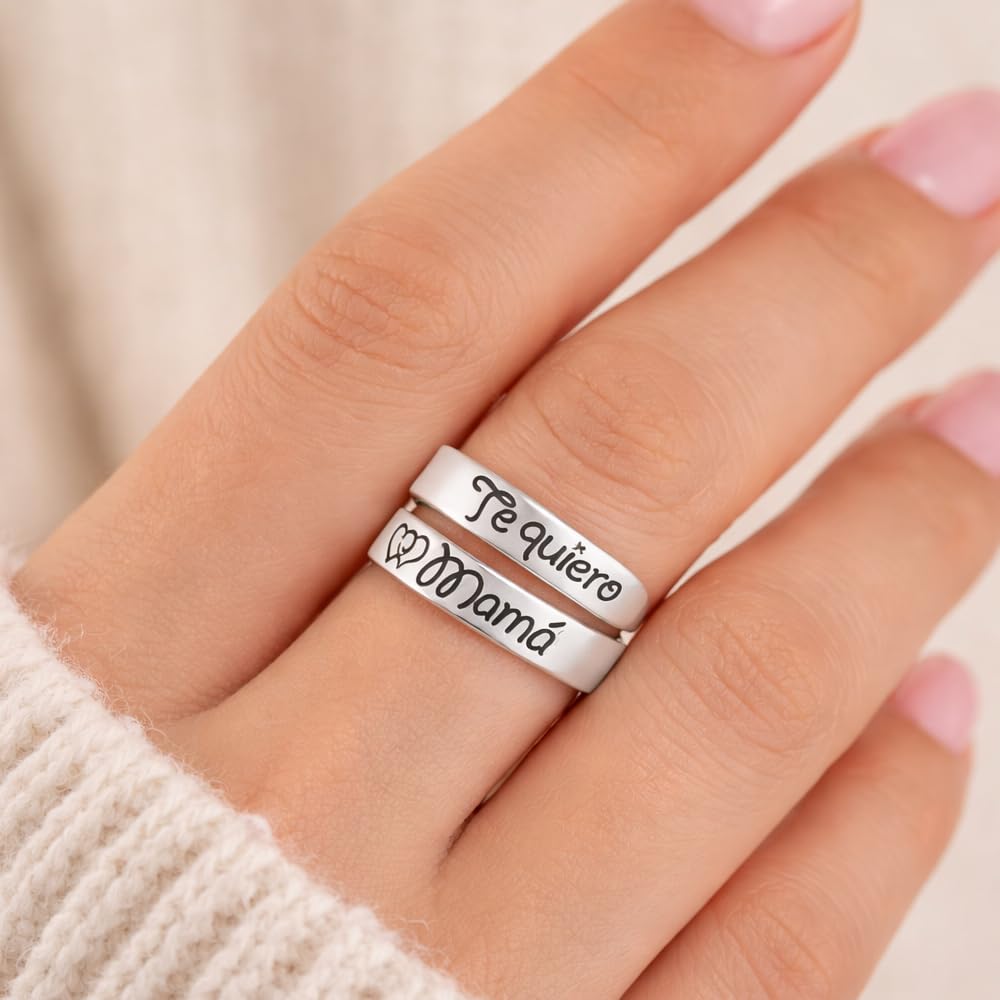 Anillo ajustable en plata de ley 925 para mujer | Grabado “Te Quiero Mamá” | Joya personalizada de amistad, madre e hija | Día de la Madre Modelo Te Quiero Mamá