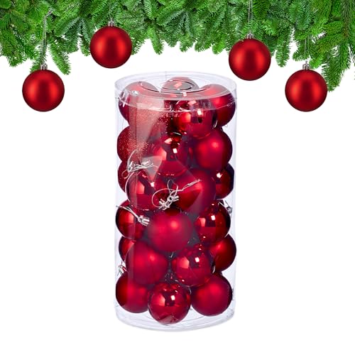 Relaxdays Weihnachtskugeln im 30er Set, Kunststoff, D: 6 cm, runde Weihnachtsbaumdeko, Baumschmuck bruchsicher, rot