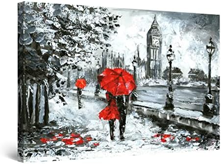 Startonight Canvas Wall Art Decor Black and White London Red Umbrella Painting for Living Room 32" x 48"