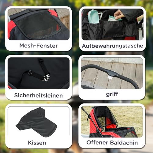 PawHut Hundewagen Hundebuggy klappbar für große Hunde & Katzen bis 30 kg Katzenbuggy mit Kissen Netzfenstern Türen Aufbewahrungstasche Katzenwagen Buggy Schwarz
