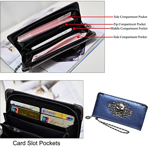 Skull Wallets for Women Zipper Wallet Shiny Faux Leather Clutch Handbags Chian Wristlets Bag Card Pockets Long Cion Purse-Rose red4