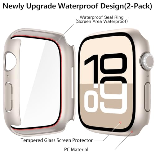 Image of Misxi [2 Pack] Waterproof Hard Case with Tempered Glass Compatible with Apple Watch Series 11 (2025) Series 10 46mm, Overall Protective Cover for iWatch Screen Protector, 1 Starlight + 1 Transparent