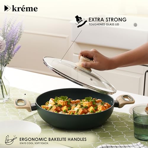 Image of Kreme Venetia Premium Series Granite Non-Stick 11 Pc Cookware Set | Kadai, Frypan, Dosa Tawa and Sauce Pot with Lid | Granite Coating | Induction & Gas Stove Use | Healthy Low-Oil Cooking, Green
