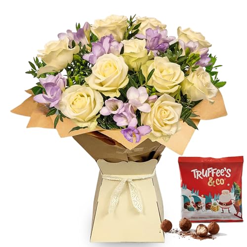 Rose & Freesia Flower Bouquet of Fresh Real Flowers Bouquet - White Roses, Lilac Freesia and Lush Foliage - Perfect for any Birthday, Anniversary, or say Thanks