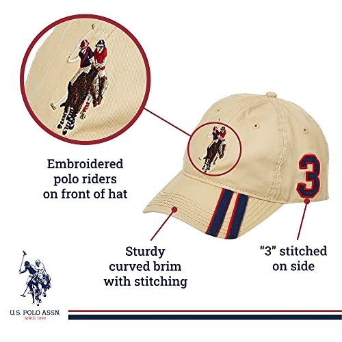 U.s. Polo Assn. Dad Hat, Embroidered Horse Logo Adjustable Adult Baseball Cap With Diagonal Accent Stripes, Khaki, One Size #TOP3