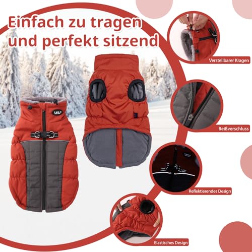 Savlot Hundemäntel für Kaltes Wetter Gemütliche Winddichte Winter-Hundejacke Dick Gepolsterte Warme Weste mit Geschirr für Welpen Kleine Mittelgroße und Große Hunde (L, Rot)