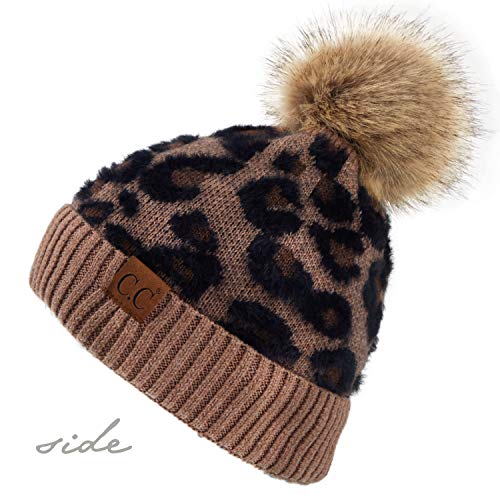 Image of C.C Exclusives Soft Beanie hat with Leopard Pattern and Fur Pom(HAT-7001)(SF-7001)