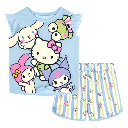Hello Kitty Little Girls T-Shirt and French Terry Dolphin Shorts Outfit Set Blue/Green 7-8