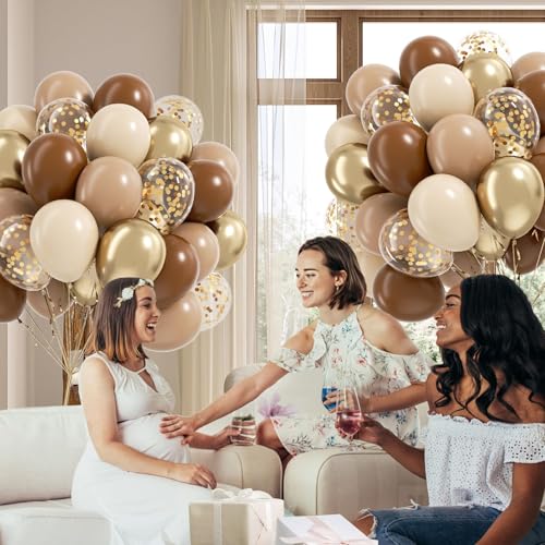 Image of 12inch Brown and Gold Balloons with Light Sand White Confetti Balloons